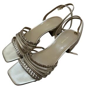 Ann Taylor Metallic Braided Multistrap Block Heel, size 8
